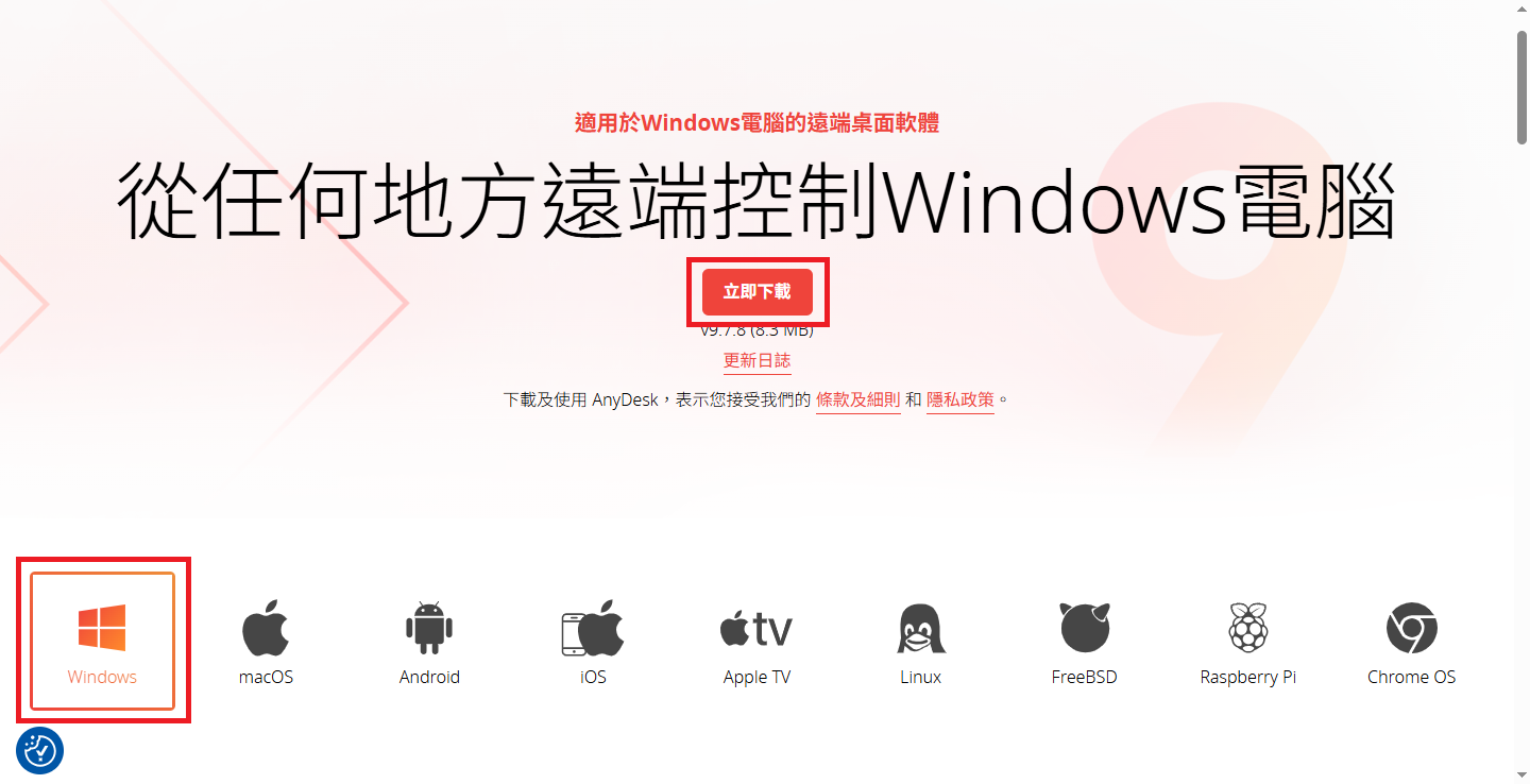 AnyDesk 下載頁面選擇 Windows 並點選立即下載