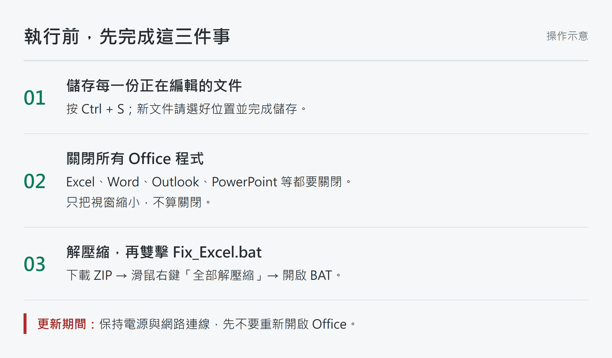 操作示意:先儲存所有文件,再關閉 Office,接著解壓縮並開啟修正工具